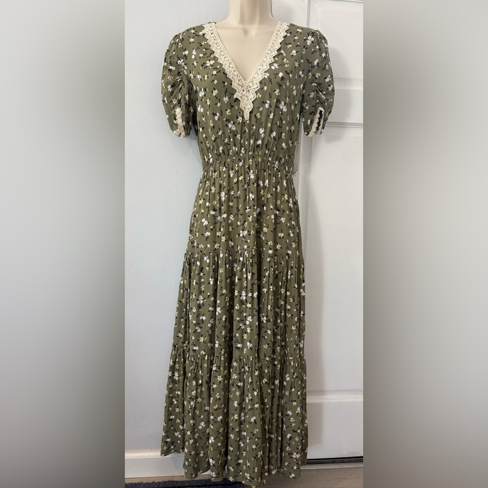 Zara Olive Floral Tiered Midi Dress